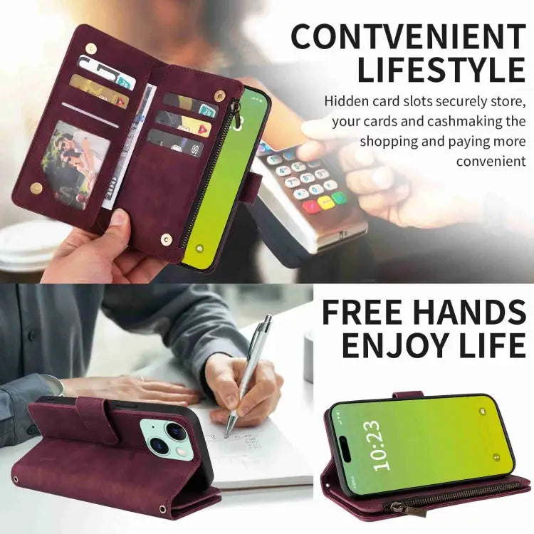 Crossbody Multi-card Slot Wallet Zipper Leather Phone Case For iPhone 15 Plus For iPhone 15 - Apple Accessories