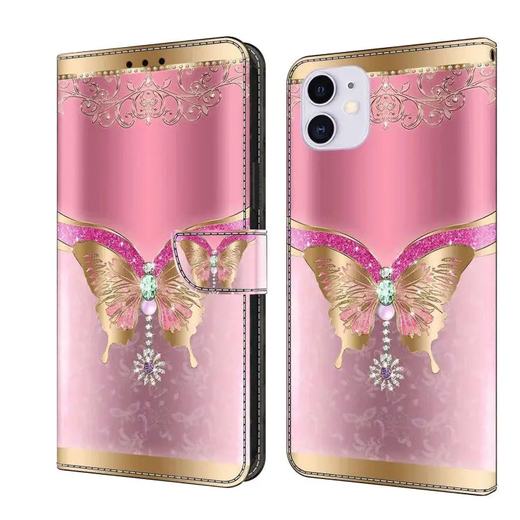 Crystal 3D Shockproof Protective Leather Phone Case For iPhone 11 - For iPhone 11 / Pink Bottom Butterfly