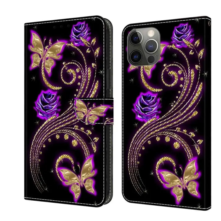 Crystal 3D Shockproof Protective Leather Phone Case For iPhone 11 Pro - For iPhone 11 Pro / Purple Flower Butterfly