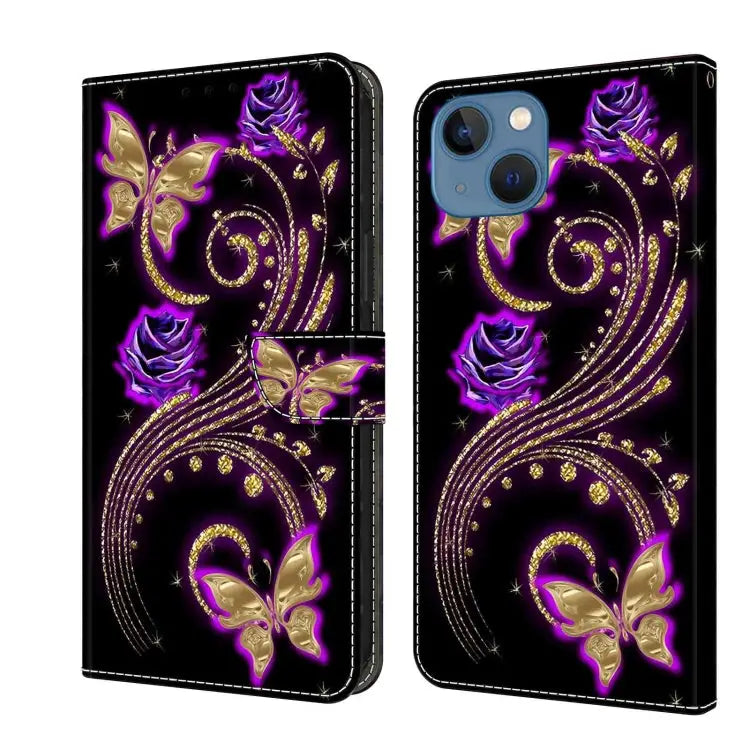 Crystal 3D Shockproof Protective Leather Phone Case For iPhone 13 / 14 - For iPhone 13 / 14 / Purple Flower Butterfly