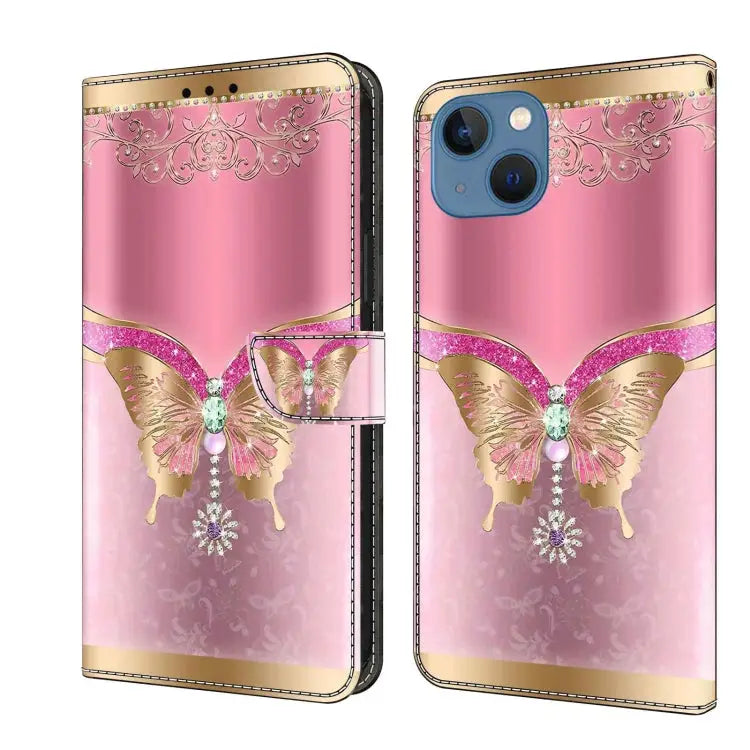 Crystal 3D Shockproof Protective Leather Phone Case For iPhone 13 / 14 - For iPhone 13 / 14 / Pink Bottom Butterfly