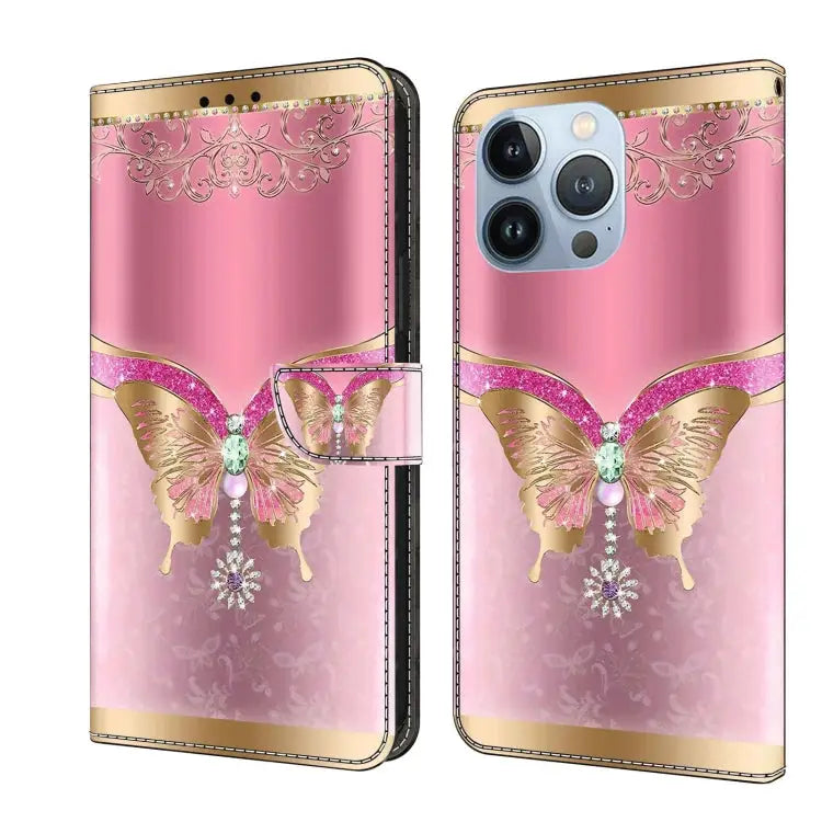 Crystal 3D Shockproof Protective Leather Phone Case For iPhone 13 Pro - For iPhone 13 Pro / Pink Bottom Butterfly