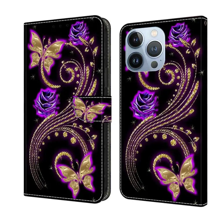 Crystal 3D Shockproof Protective Leather Phone Case For iPhone 13 Pro - For iPhone 13 Pro / Purple Flower Butterfly