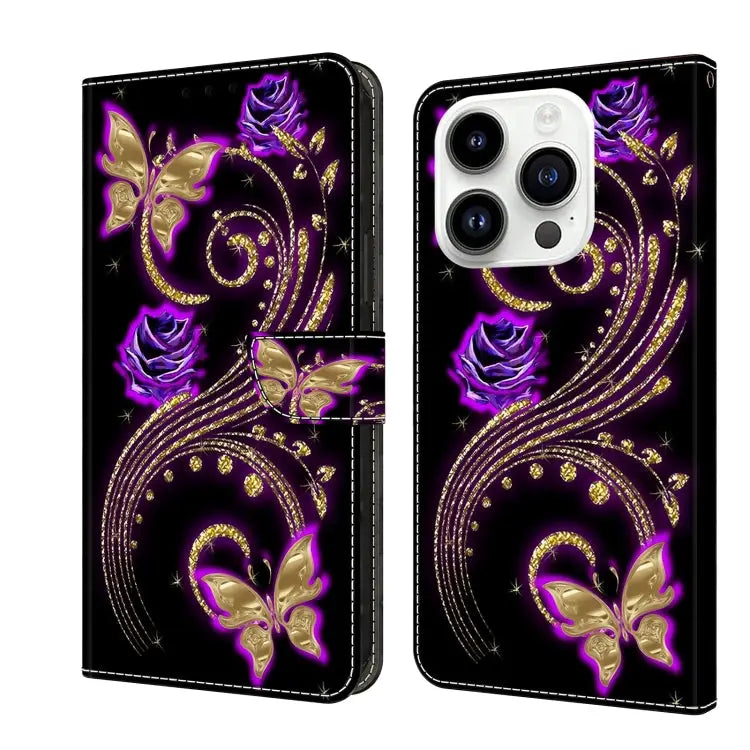 Crystal 3D Shockproof Protective Leather Phone Case For iPhone 15 Pro - For iPhone 15 Pro / Purple Flower Butterfly