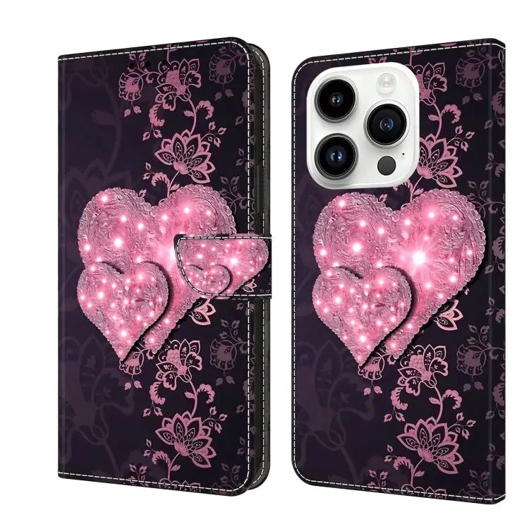 Crystal 3D Shockproof Protective Leather Phone Case For iPhone 15 Pro - For iPhone 15 Pro / Lace Love