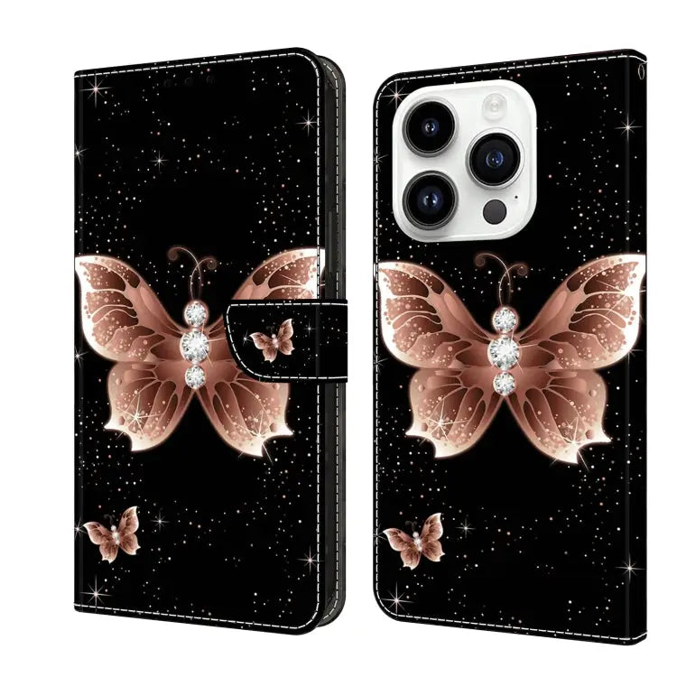 Crystal 3D Shockproof Protective Leather Phone Case For iPhone 15 Pro - For iPhone 15 Pro / Pink Diamond Butterfly