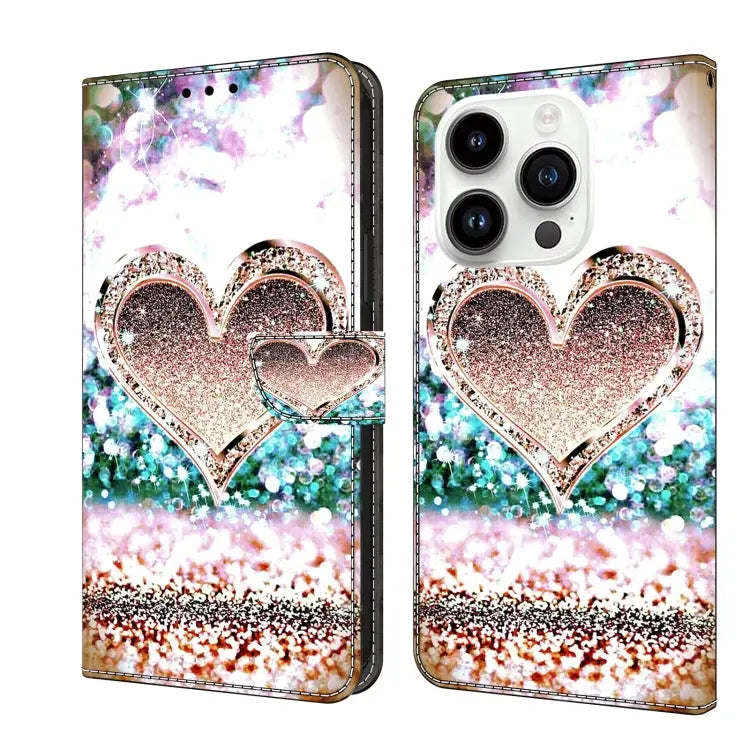 Crystal 3D Shockproof Protective Leather Phone Case For iPhone 15 Pro - For iPhone 15 Pro / Pink Diamond Heart