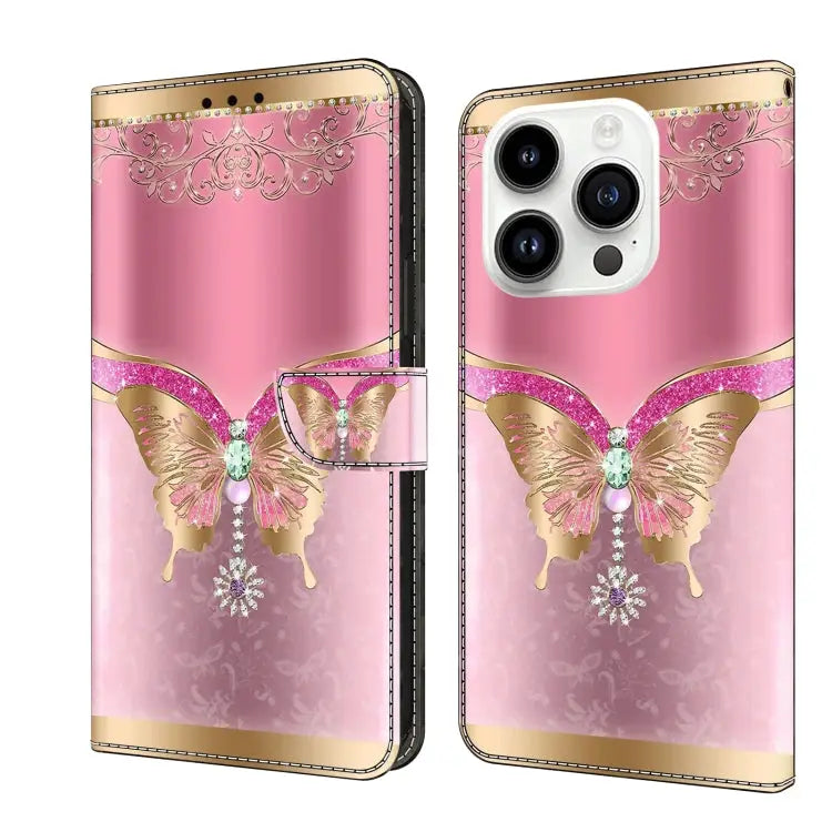 Crystal 3D Shockproof Protective Leather Phone Case For iPhone 15 Pro - For iPhone 15 Pro / Pink Bottom Butterfly