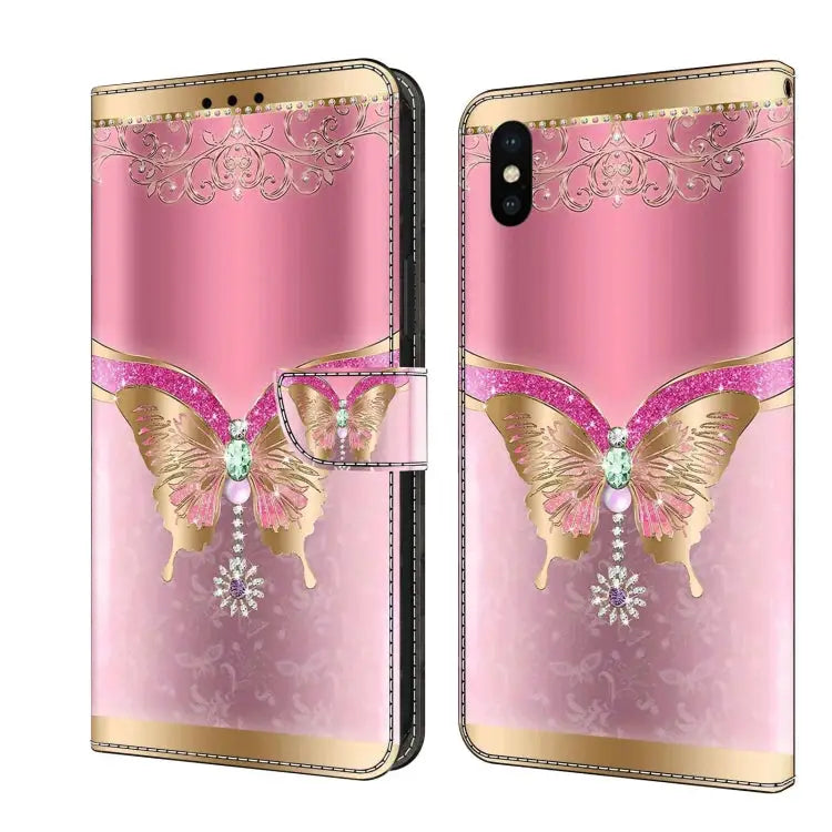 Crystal 3D Shockproof Protective Leather Phone Case For iPhone X / XS - For iPhone X / XS / Pink Bottom Butterfly
