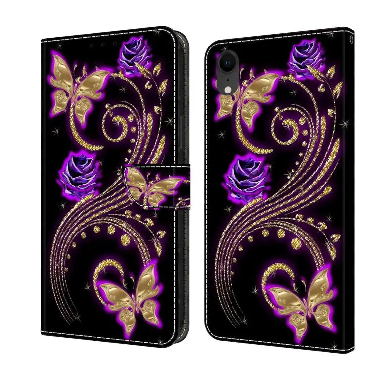 Crystal 3D Shockproof Protective Leather Phone Case For iPhone XR - For iPhone XR / Purple Flower Butterfly