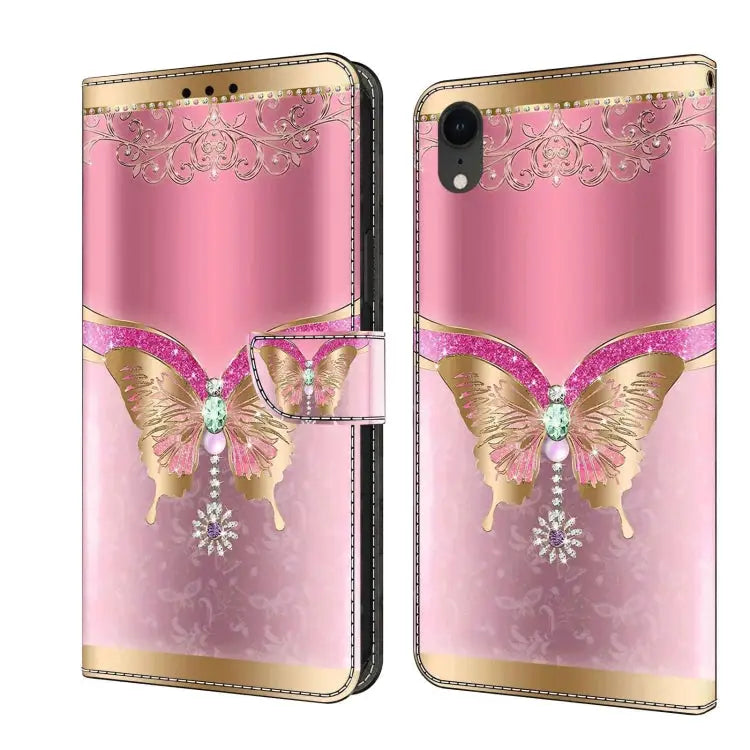 Crystal 3D Shockproof Protective Leather Phone Case For iPhone XR - For iPhone XR / Pink Bottom Butterfly