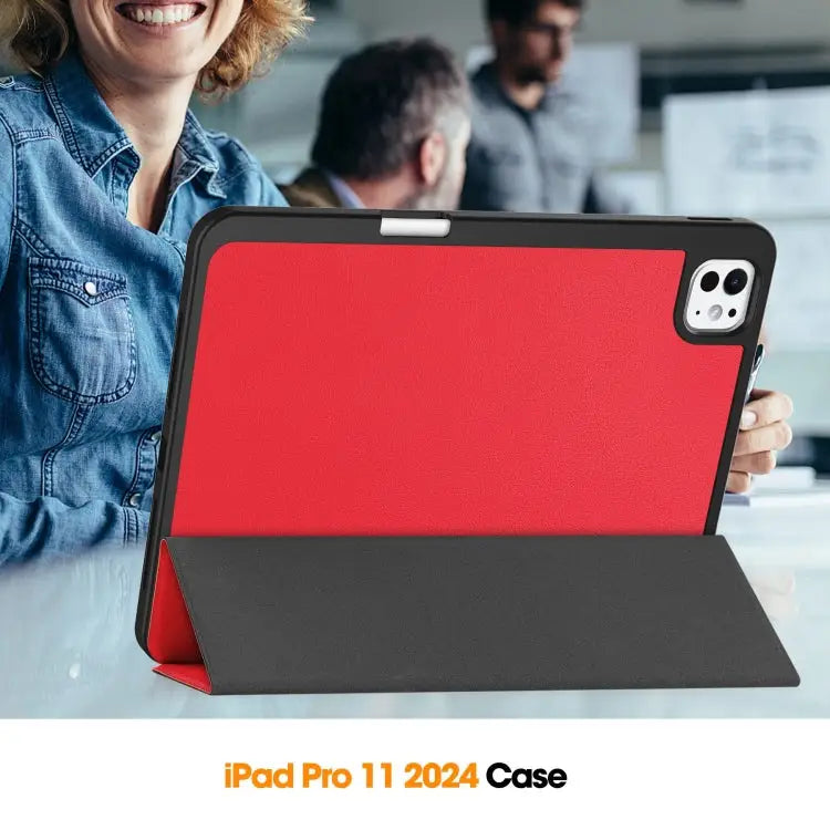 Custer TPU Pure Color 3-Fold Holder Smart Leather Tablet Case with Pen Tray For iPad Pro 11 2024 - Apple Accessories