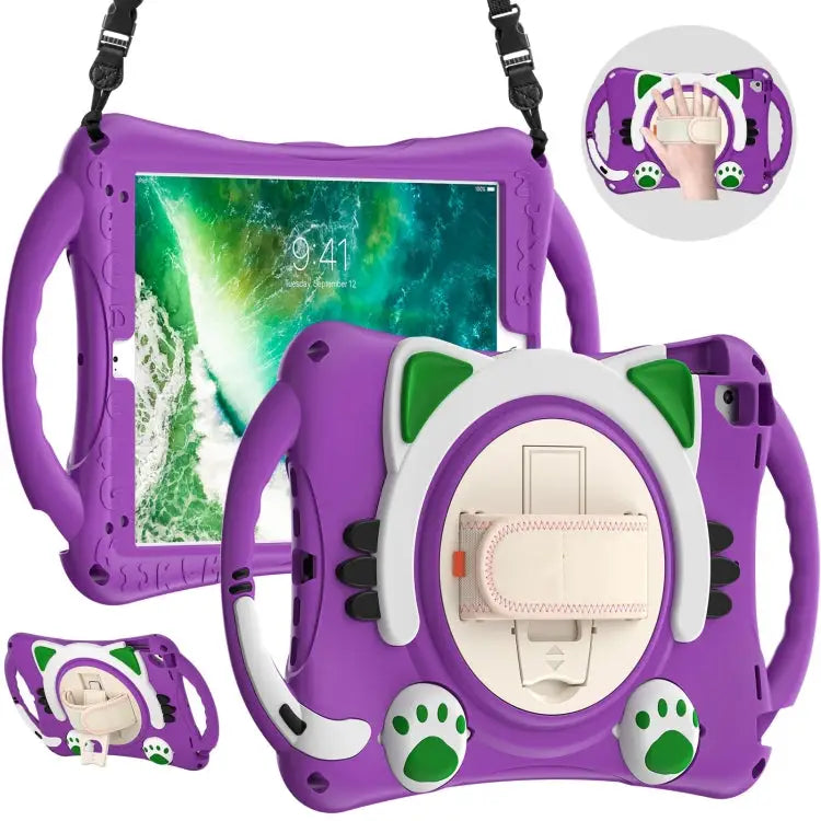 Cute Cat King Kids Shockproof EVA Protective Case with Holder & Shoulder Strap & Handle For iPad 9.7 2018 / 2017 / Air