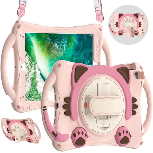Cute Cat King Kids Shockproof EVA Protective Case with Holder & Shoulder Strap & Handle For iPad 9.7 2018 / 2017 / Air