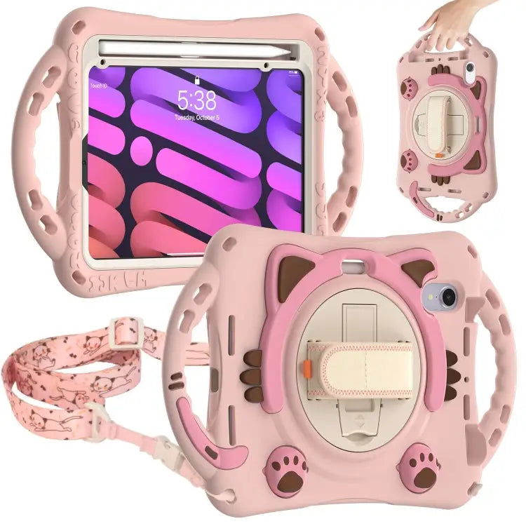 Cute Cat King Kids Shockproof EVA Protective Case with Holder & Shoulder Strap & Handle For iPad mini 6 / mini 2024