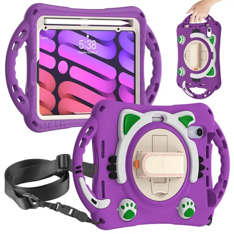 Cute Cat King Kids Shockproof EVA Protective Case with Holder & Shoulder Strap & Handle For iPad mini 6 / mini 2024