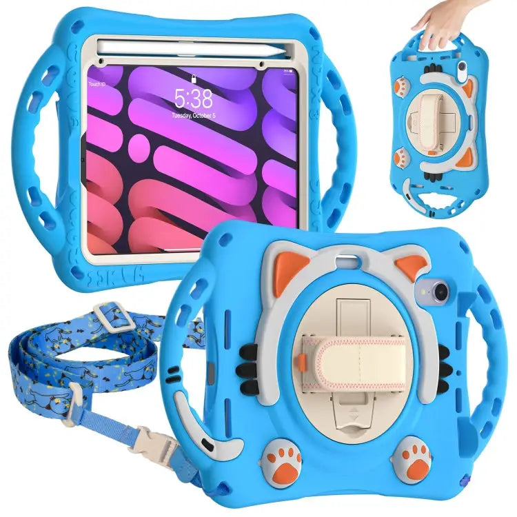 Cute Cat King Kids Shockproof EVA Protective Case with Holder & Shoulder Strap & Handle For iPad mini 6 / mini 2024