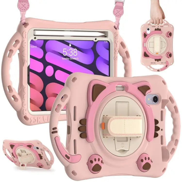 Cute Cat King Kids Shockproof EVA Protective Case with Holder & Shoulder Strap & Handle For iPad mini 6 / mini 2024