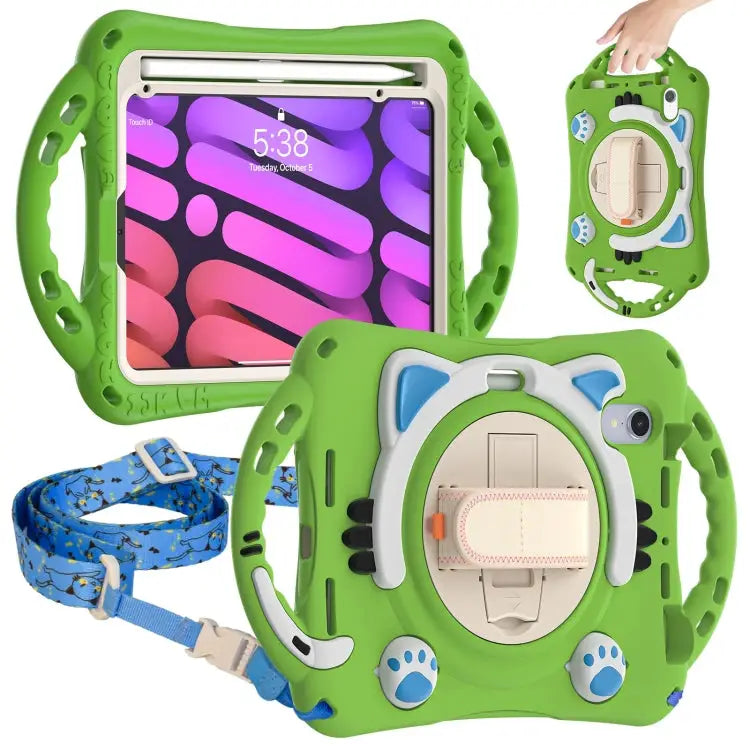Cute Cat King Kids Shockproof EVA Protective Case with Holder & Shoulder Strap & Handle For iPad mini 6 / mini 2024