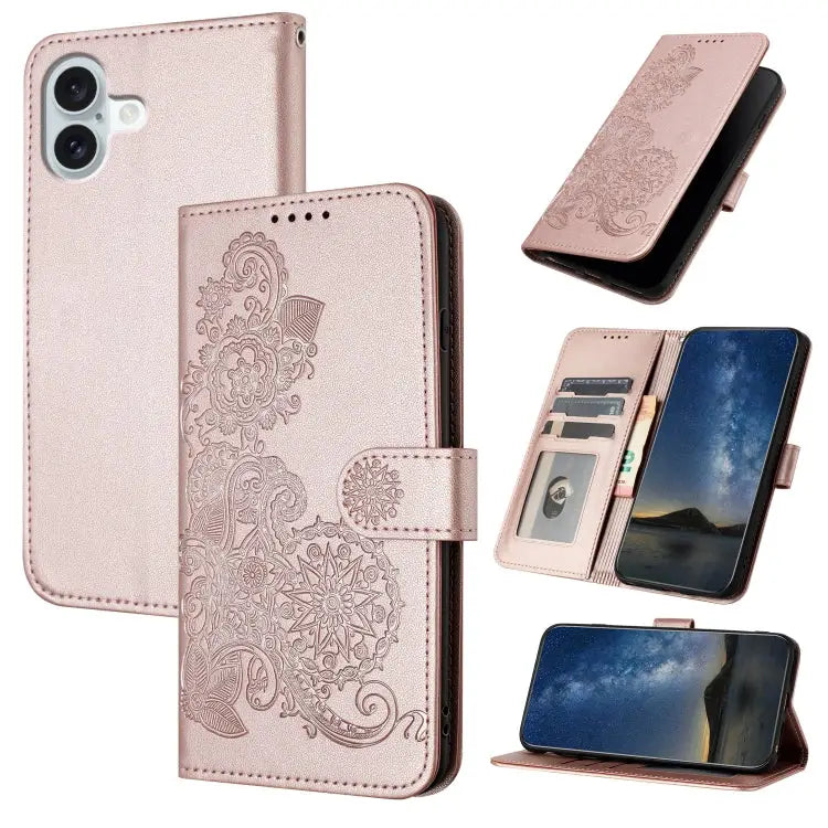 Datura Flower Embossed Flip Leather Phone Case For iPhone 16 Pro For iPhone 16 Plus For iPhone 16 - For iPhone 16 Plus