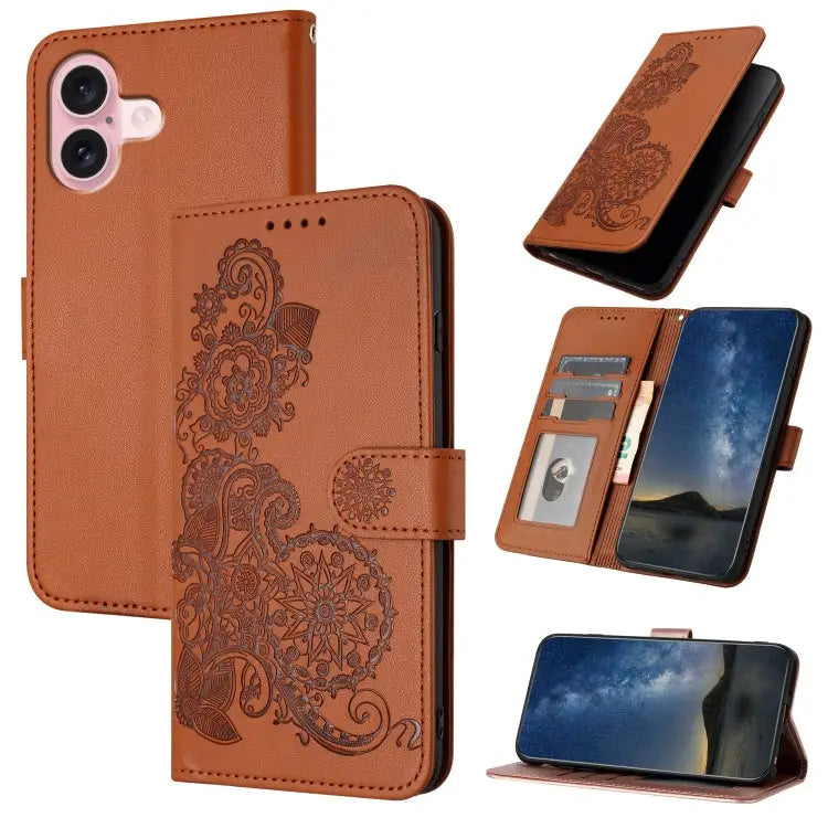 Datura Flower Embossed Flip Leather Phone Case For iPhone 16 Pro For iPhone 16 Plus For iPhone 16 - For iPhone 16