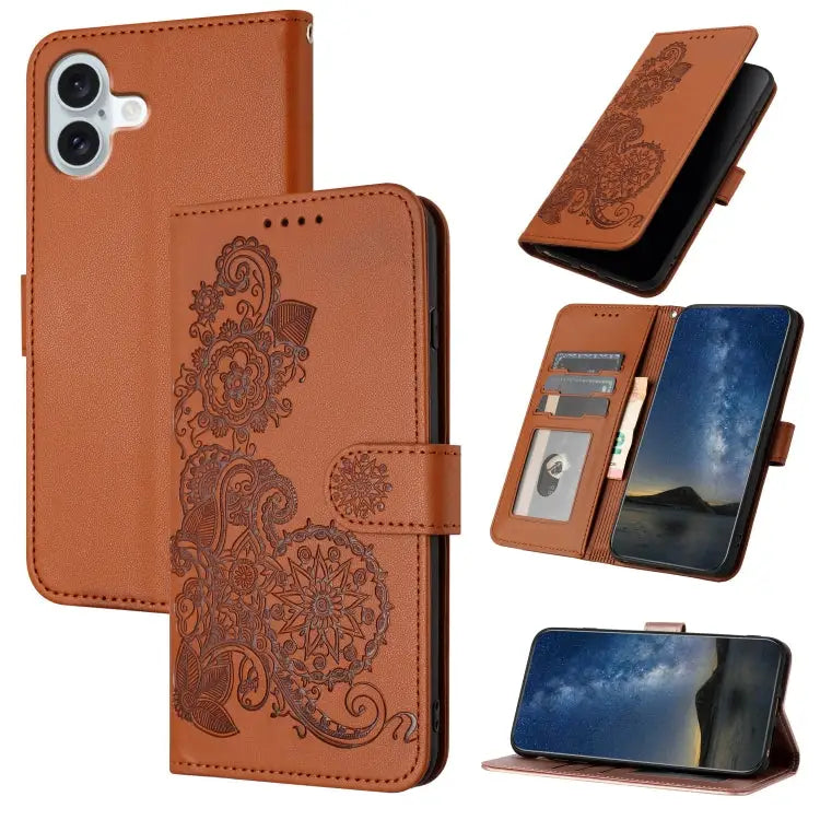 Datura Flower Embossed Flip Leather Phone Case For iPhone 16 Pro For iPhone 16 Plus For iPhone 16 - For iPhone 16 Plus