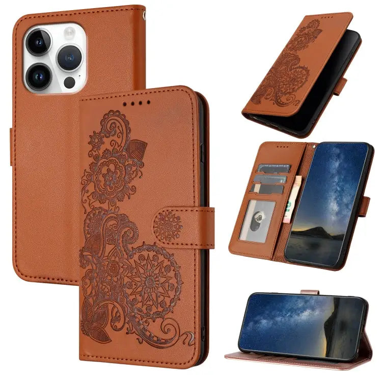 Datura Flower Embossed Flip Leather Phone Case For iPhone 16 Pro For iPhone 16 Plus For iPhone 16 - For iPhone 16 Pro
