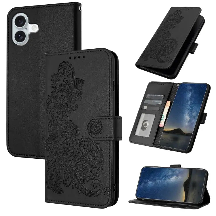 Datura Flower Embossed Flip Leather Phone Case For iPhone 16 Pro For iPhone 16 Plus For iPhone 16 - For iPhone 16 Plus
