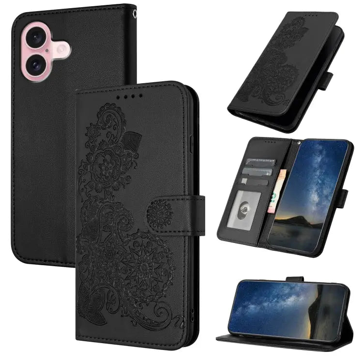 Datura Flower Embossed Flip Leather Phone Case For iPhone 16 Pro For iPhone 16 Plus For iPhone 16 - For iPhone 16