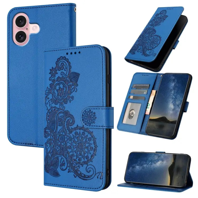 Datura Flower Embossed Flip Leather Phone Case For iPhone 16 Pro For iPhone 16 Plus For iPhone 16 - For iPhone 16