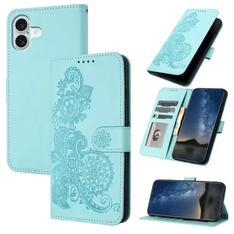 Datura Flower Embossed Flip Leather Phone Case For iPhone 16 Pro For iPhone 16 Plus For iPhone 16 - For iPhone 16 Plus
