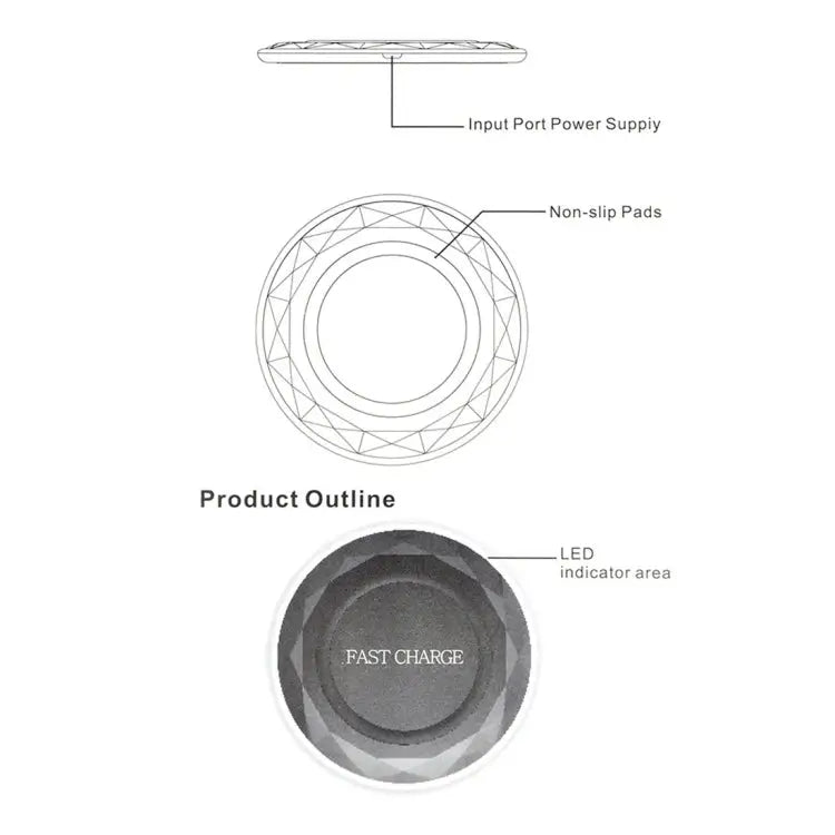DC5V Input Diamond Qi Standard Fast Charging Wireless Charger Cable Length: 1m