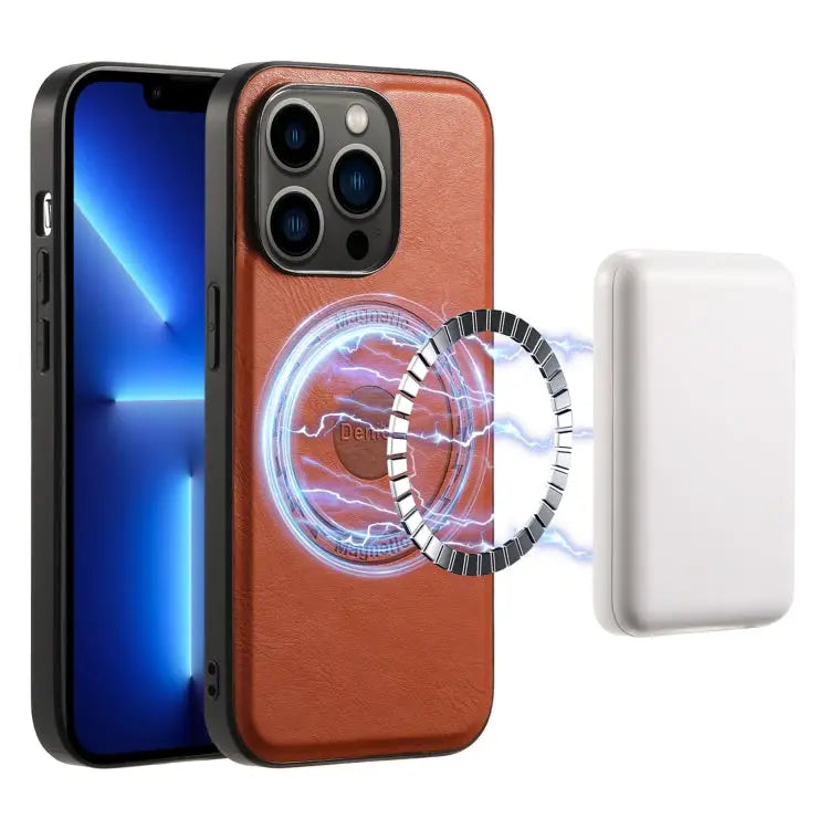 Denior Cowhide Texture Leather MagSafe Phone Case For iPhone 13 Pro Max For iPhone 13 Pro For iPhone 12/12 Pro