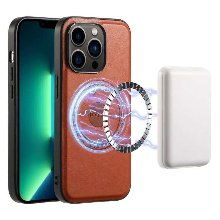 Denior Cowhide Texture Leather MagSafe Phone Case For iPhone 13 Pro Max For iPhone 13 Pro For iPhone 12/12 Pro