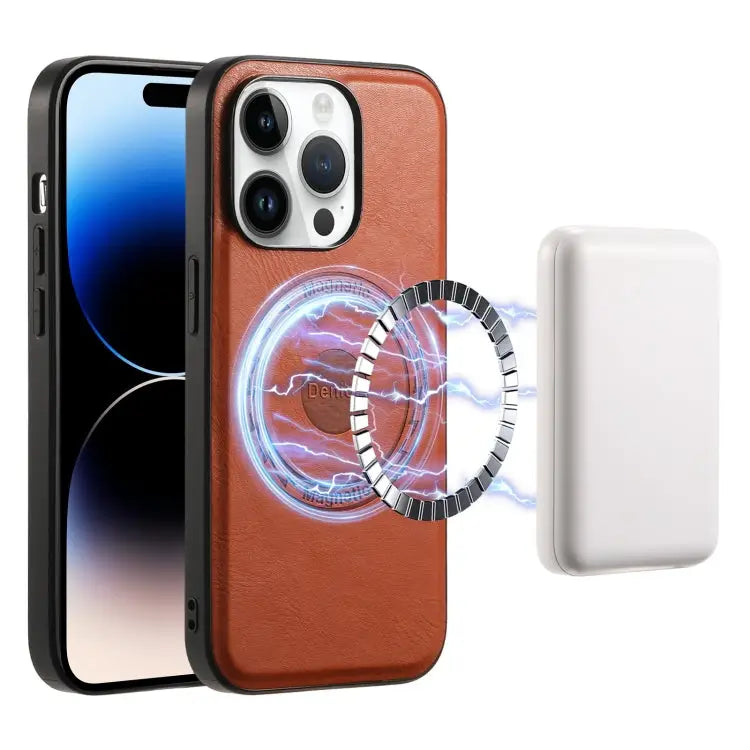 Denior Cowhide Texture Leather MagSafe Phone Case For iPhone 15 Plus For iPhone 15 For iPhone 14 Plus For iPhone 14/13