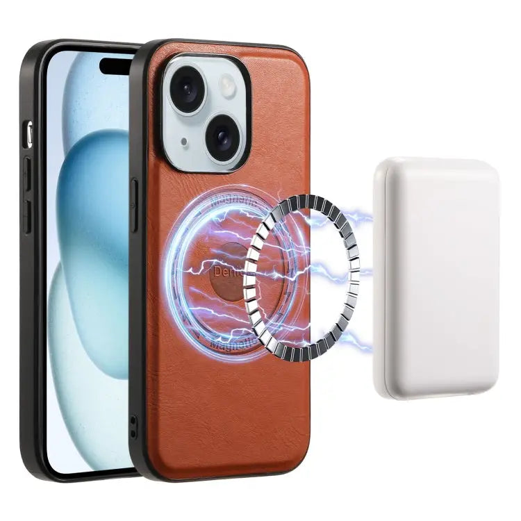 Denior Cowhide Texture Leather MagSafe Phone Case For iPhone 15 Plus For iPhone 15 For iPhone 14 Plus For iPhone 14/13