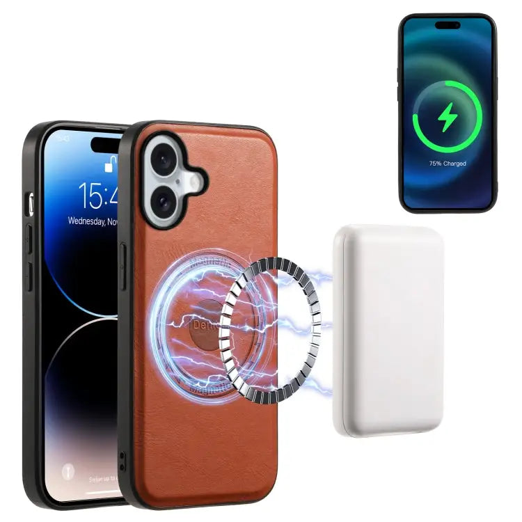 Denior Cowhide Texture Leather MagSafe Phone Case For iPhone 16 Pro Max For iPhone 16 Pro For iPhone 16 Plus For iPhone