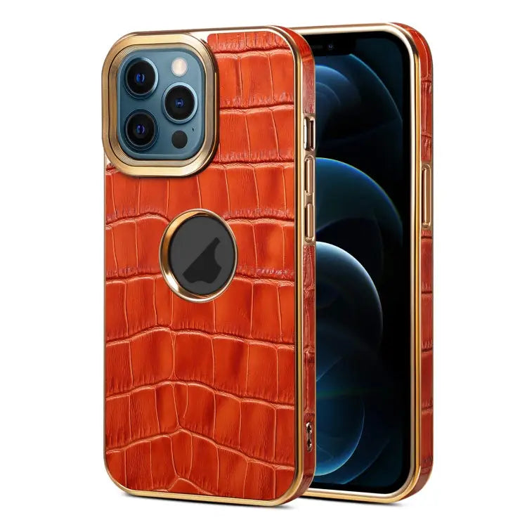 Denior Crocodile Texture Genuine Leather Electroplating Phone Case For iPhone 12 Pro Max - For iPhone 12 Pro Max