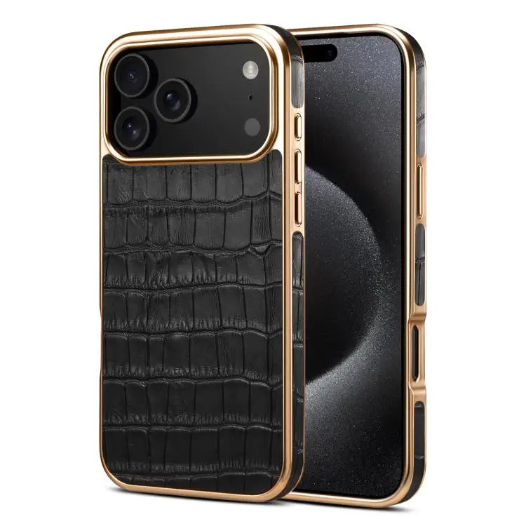 Denior Crocodile Texture Genuine Leather Electroplating Phone Case For iPhone 16 Pro Max For iPhone 16 Pro For iPhone