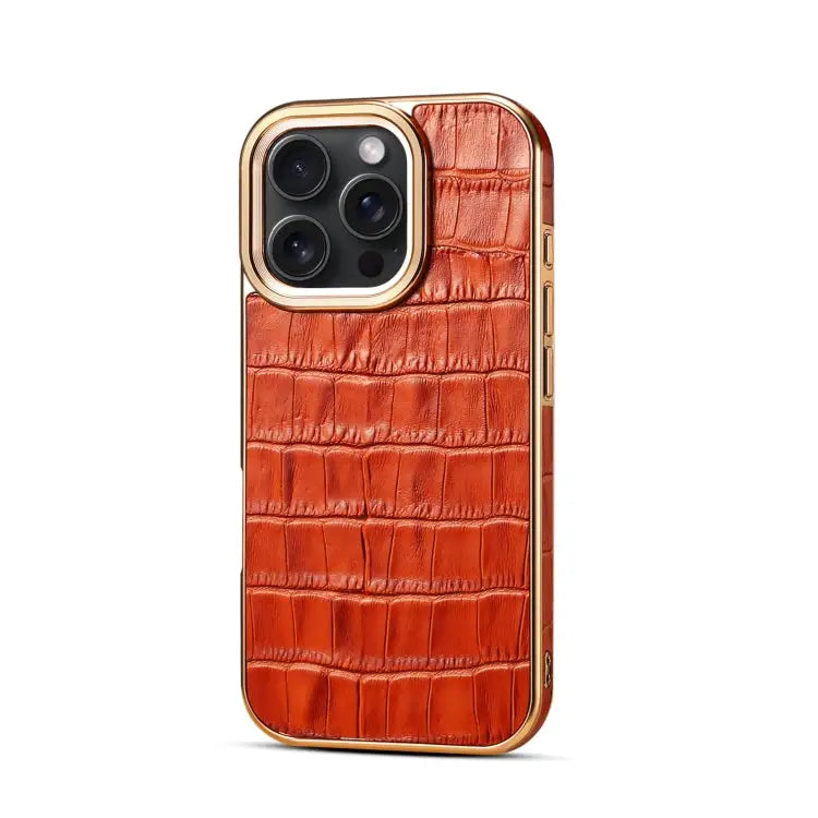 Denior Crocodile Texture Genuine Leather Electroplating Phone Case For iPhone 16 Pro Max For iPhone 16 Pro For iPhone