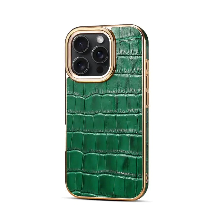 Denior Crocodile Texture Genuine Leather Electroplating Phone Case For iPhone 16 Pro Max For iPhone 16 Pro For iPhone