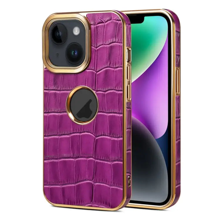 Denior Crocodile Texture Genuine Leather Electroplating Phone Case For iPhone 15 Plus For iPhone 15 For iPhone 14 Plus