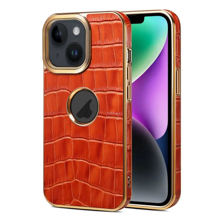 Denior Crocodile Texture Genuine Leather Electroplating Phone Case For iPhone 15 Plus For iPhone 15 For iPhone 14 Plus