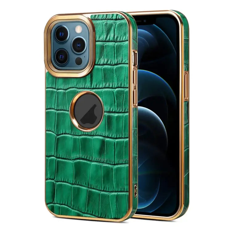 Denior Crocodile Texture Genuine Leather Electroplating Phone Case For iPhone 12 Pro Max - For iPhone 12 Pro Max
