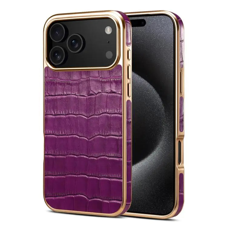 Denior Crocodile Texture Genuine Leather Electroplating Phone Case For iPhone 16 Pro Max For iPhone 16 Pro For iPhone