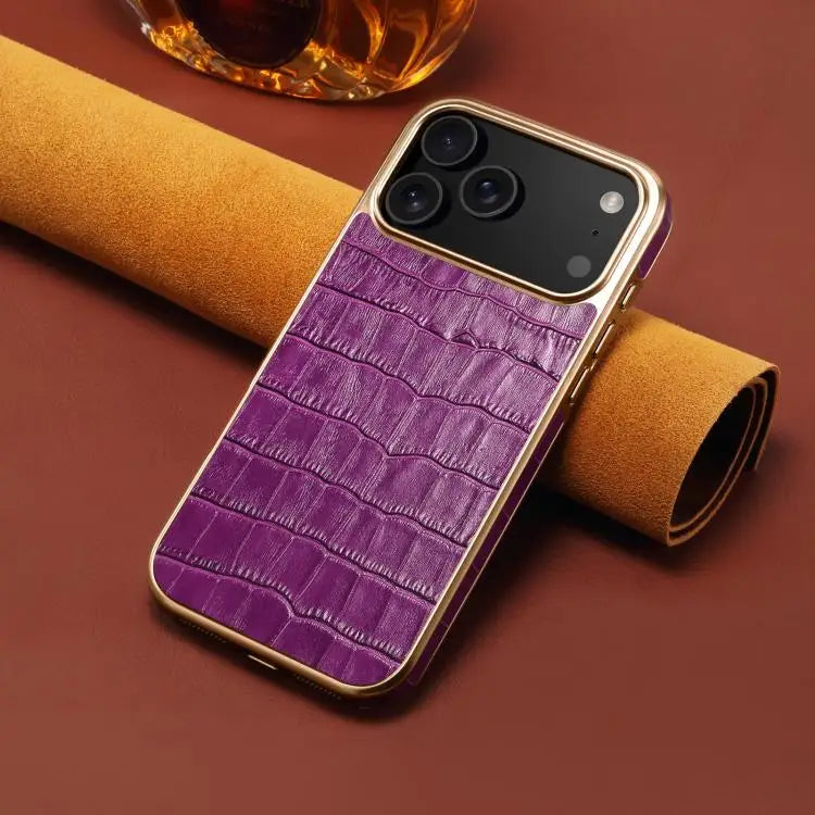 Denior Crocodile Texture Genuine Leather Electroplating Phone Case For iPhone 16 Pro Max For iPhone 16 Pro For iPhone