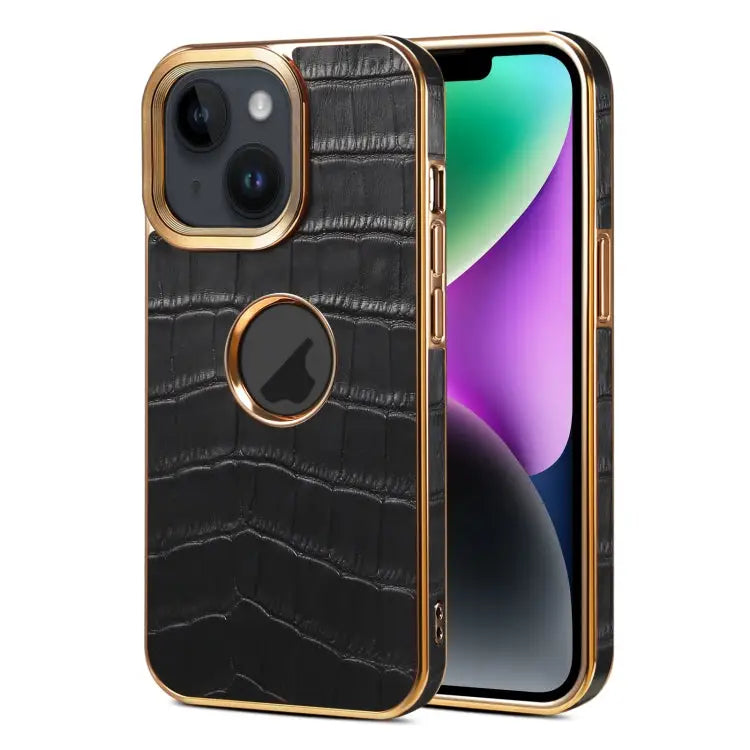 Denior Crocodile Texture Genuine Leather Electroplating Phone Case For iPhone 15 Plus For iPhone 15 For iPhone 14 Plus