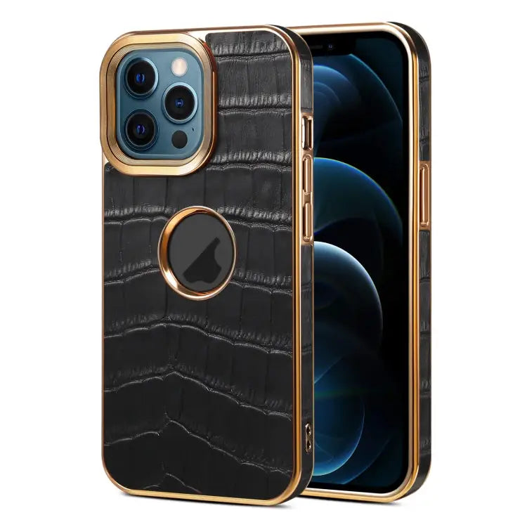 Denior Crocodile Texture Genuine Leather Electroplating Phone Case For iPhone 12 Pro Max - For iPhone 12 Pro Max