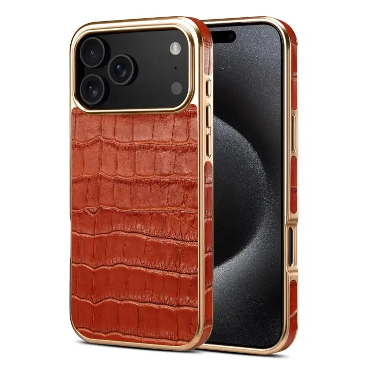 Denior Crocodile Texture Genuine Leather Electroplating Phone Case For iPhone 16 Pro Max For iPhone 16 Pro For iPhone