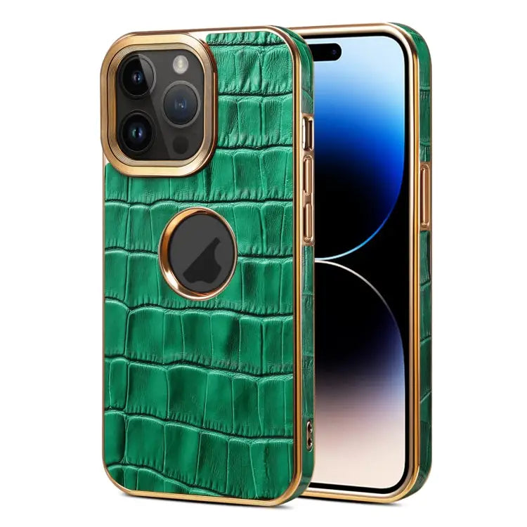 Denior Crocodile Texture Genuine Leather Electroplating Phone Case For iPhone 15 Plus For iPhone 15 For iPhone 14 Plus